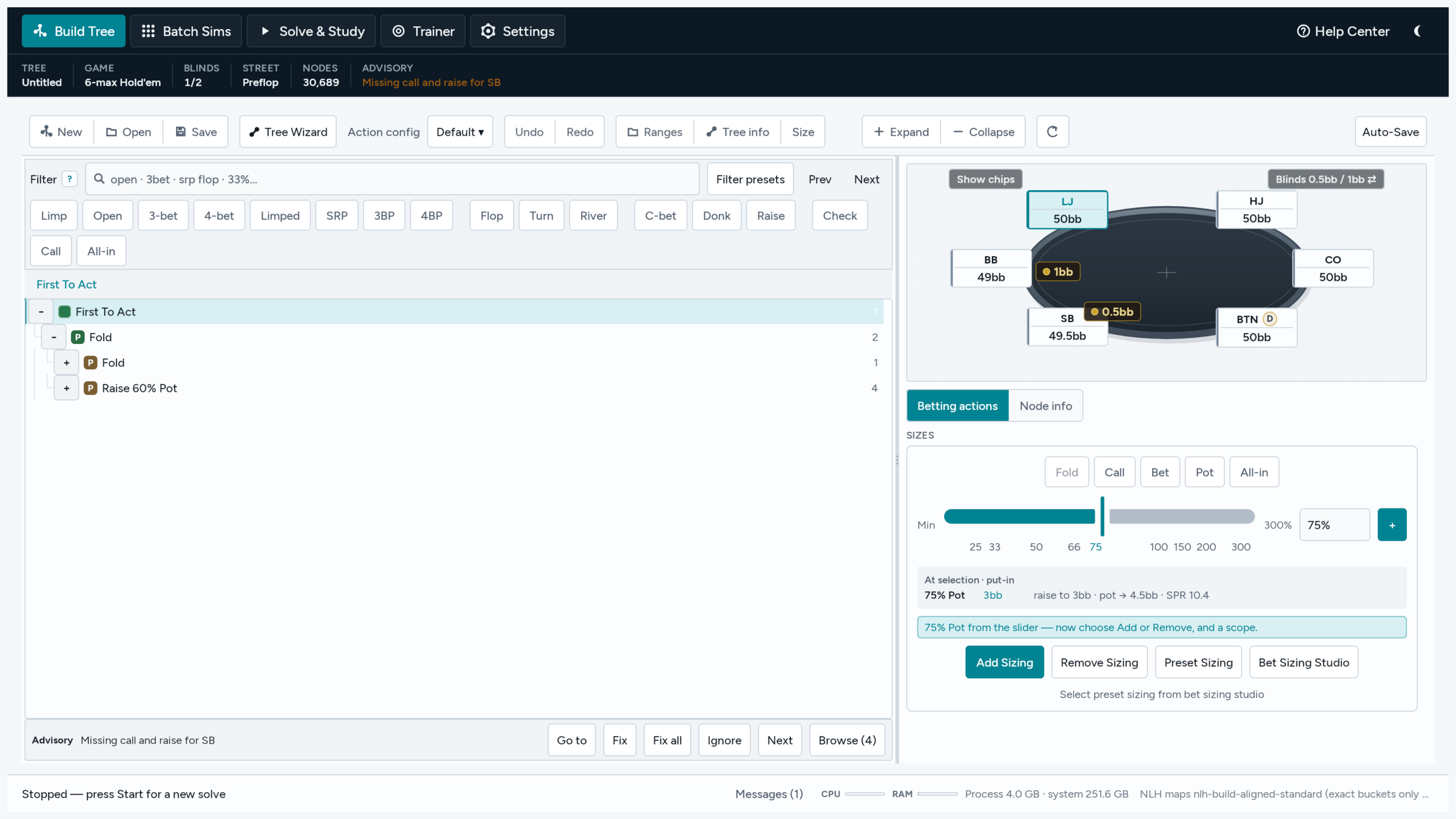 The Build Tree workspace: the node tree on the left, the six-seat table on the right, and the bet-size slider below it.