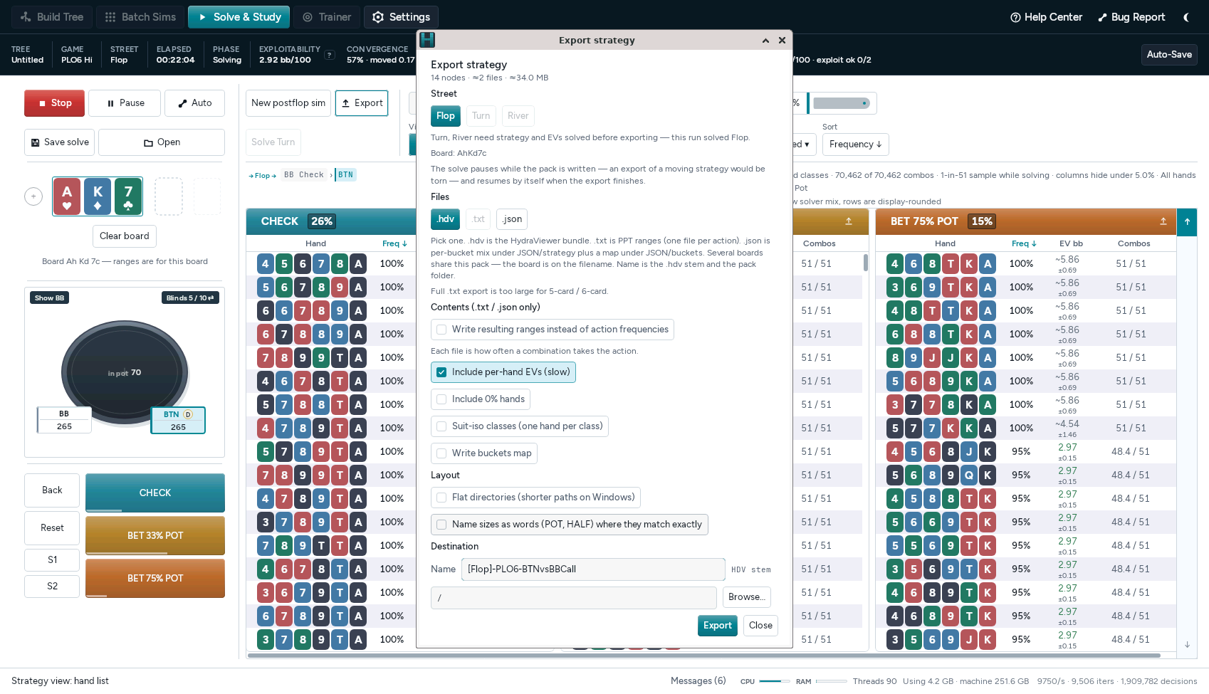 The Export strategy dialog over the solve, offering .hdv, .txt and .json with options for per-hand EVs, zero-frequency hands and file layout.