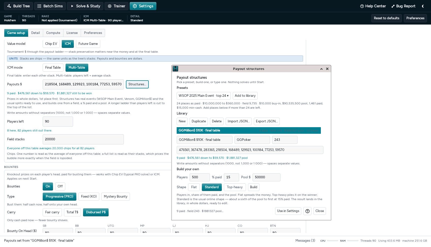 Tournament settings with ICM multi-table selected and progressive bounties on every seat, beside the Payout structures dialog with its preset ladders and a builder.