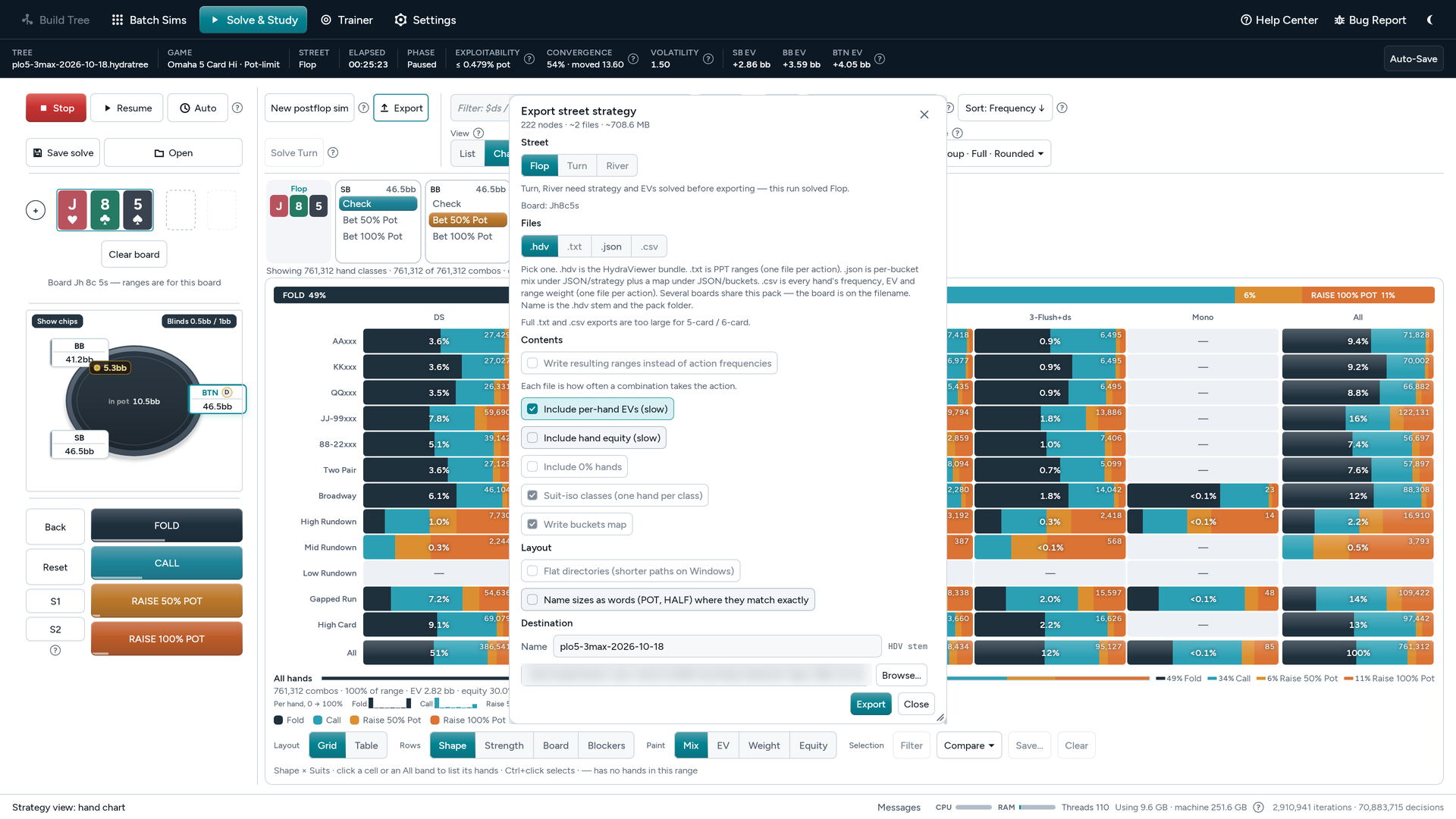 The Export street strategy dialog over the hand chart: the flop, the file formats — HDV, TXT, JSON and CSV — and the option to include per-hand EVs.