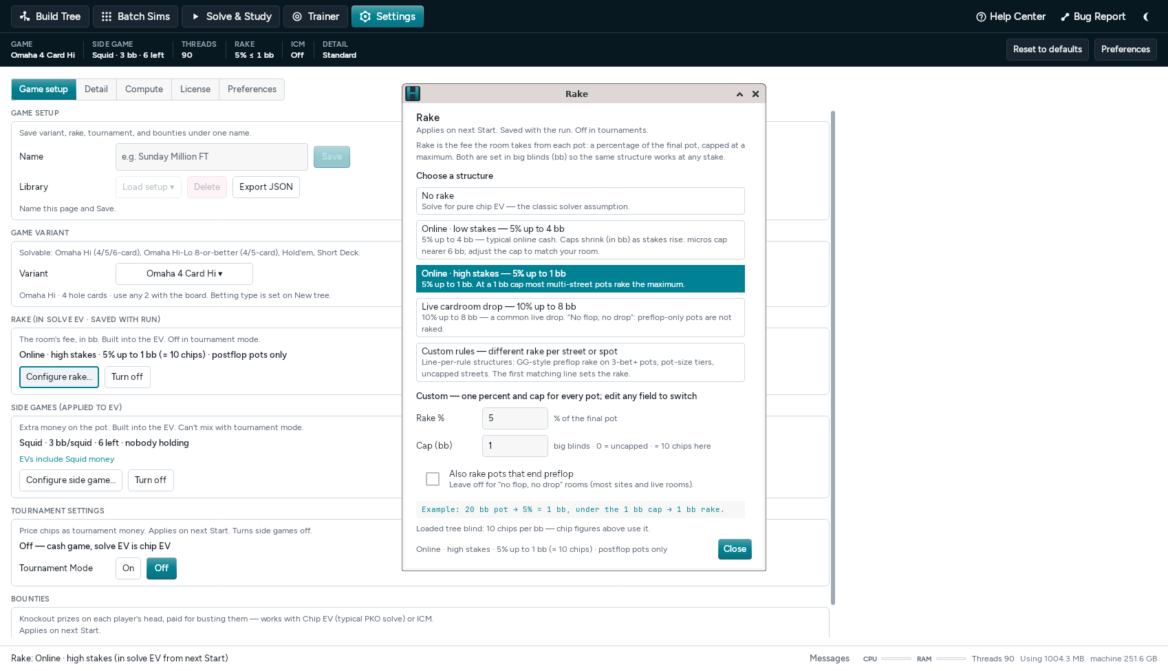 The Rake dialog offering no rake, online and live cardroom structures or custom rules, with the percentage and cap in big blinds.